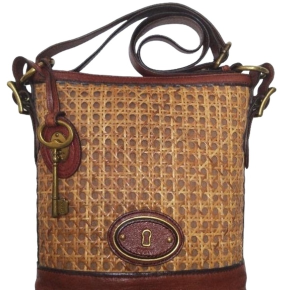 Fossil‎ Vintage Reissue Cane Wicker & Leather Bucket Crossbody Bag - Picture 1 of 13